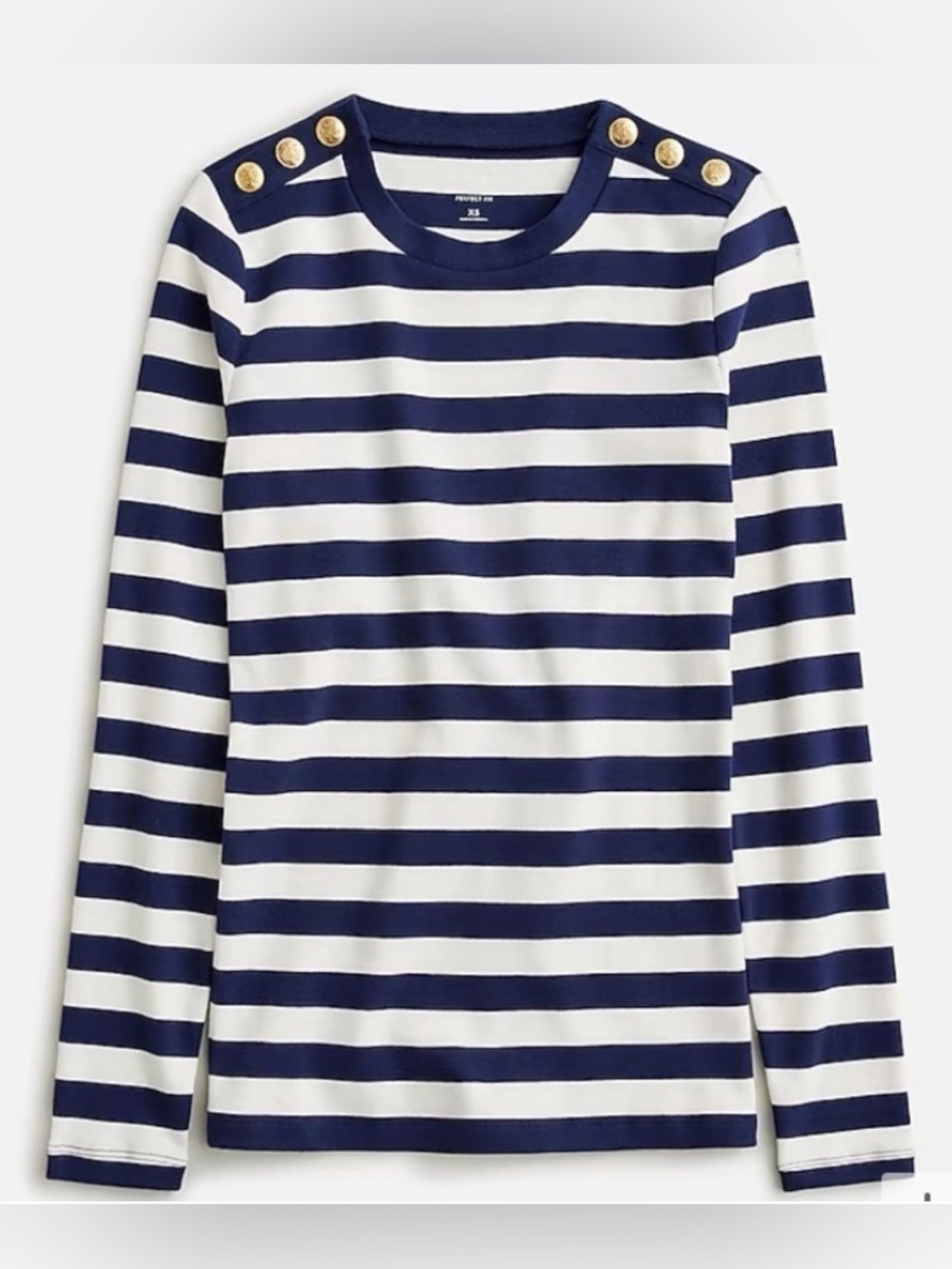 J.Crew Perfect Fit Striped Long Sleeve Tee Gold Buttons Navy White Small